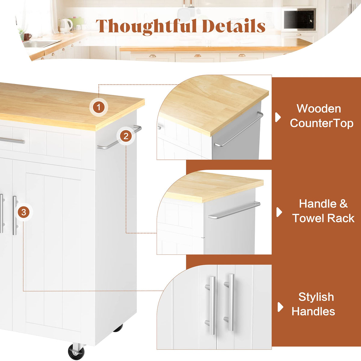 26" Rolling Kitchen Island Cart with Drawer, Shelves, Towel Rack, Lockable Casters, White I84109