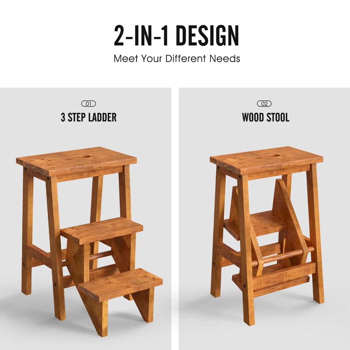 3 Tier Wood Step Ladder with Anti-Slip S3163