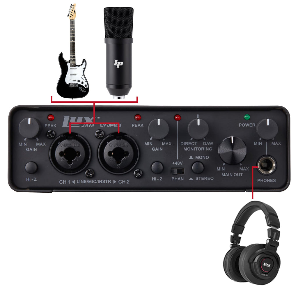 2x2 USB Audio Interface Recording Bundle with Condenser Mic, Headphones, Shockmount, XLR Cable N43028