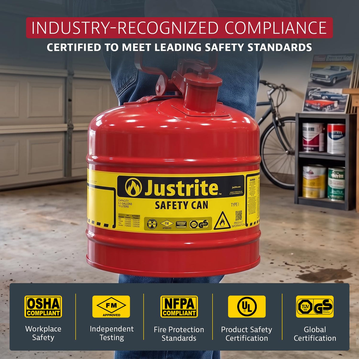 Red Galvanized Steel Gasoline Safety Can N591122