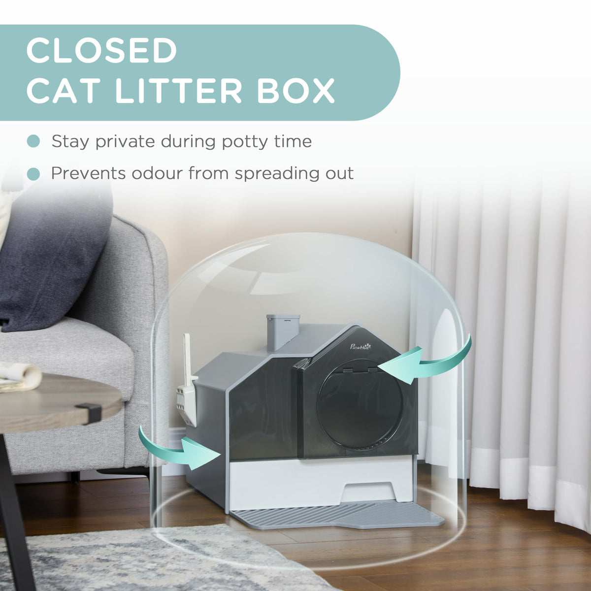 Hooded Cat Litter Box with Litter Mat, Pull-Out Drawer, Handle, Scoop, Gray Y390740
