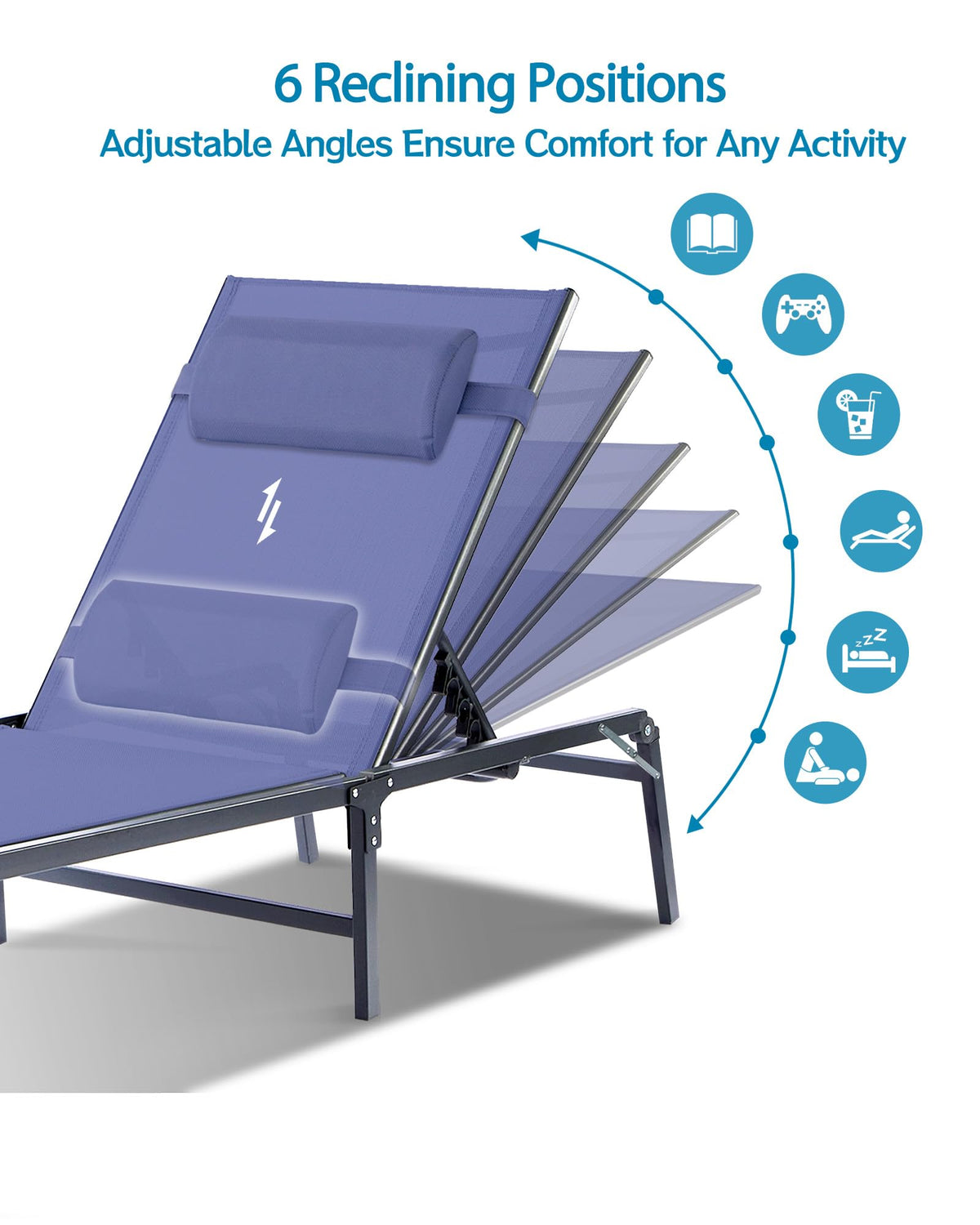 2 Pack Blue Foldable Chaise Lounge Chair with Cup Holder and Pillow G3405