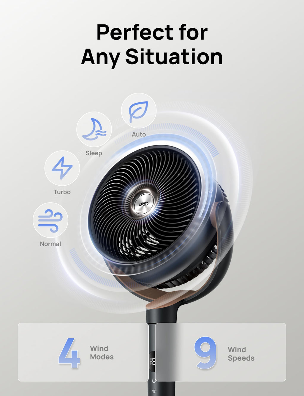 120° Oscillating Standing Fan, Quiet Floor Fan with DC Motor, 9 Speeds, 4 modes, 37-42" Adjustable Height, 9H Timer, Dark Gray S67199