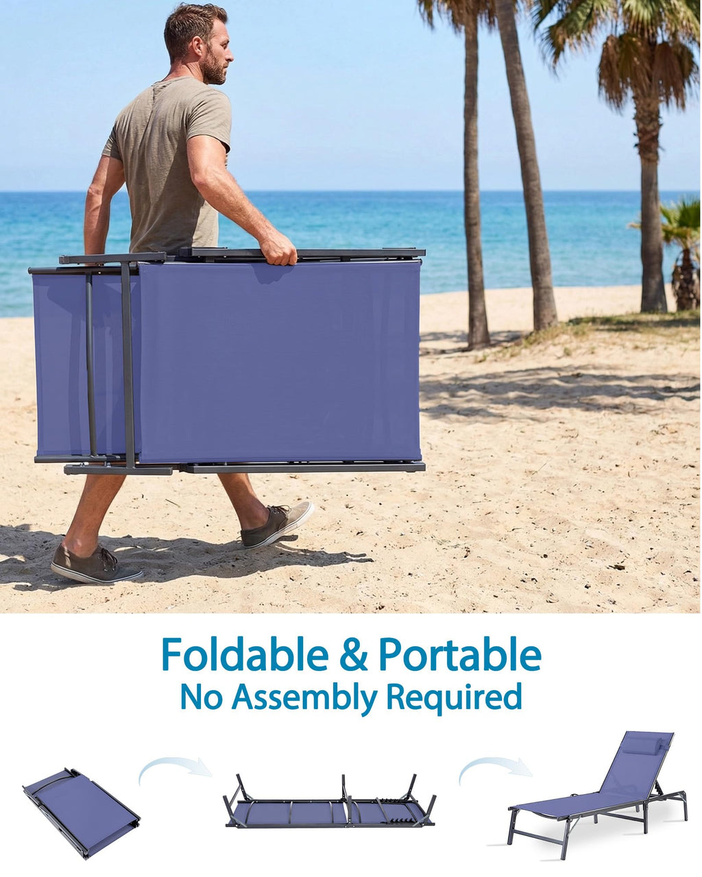 2 Pack Blue Foldable Chaise Lounge Chair with Cup Holder and Pillow G3405