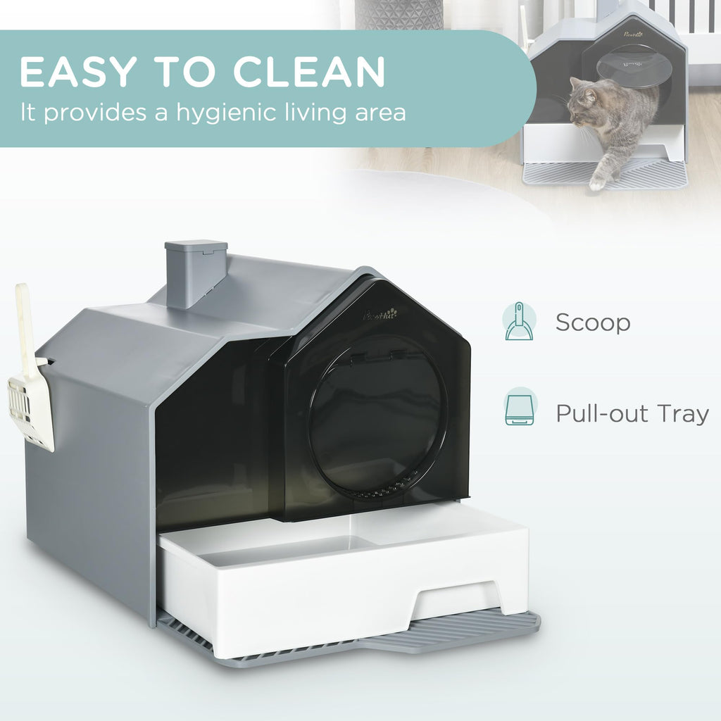 Hooded Cat Litter Box with Litter Mat, Pull-Out Drawer, Handle, Scoop, Gray Y390740