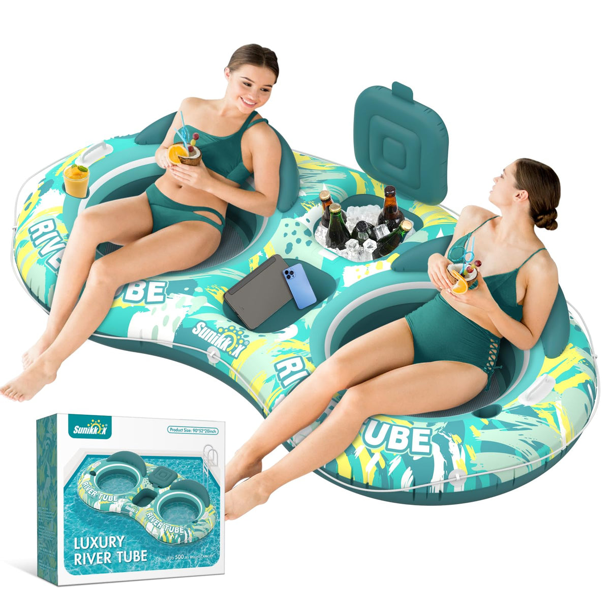 5-in-1 Pool Floats 2 Person River Tube with Backrests Built-in Cooler Z286488