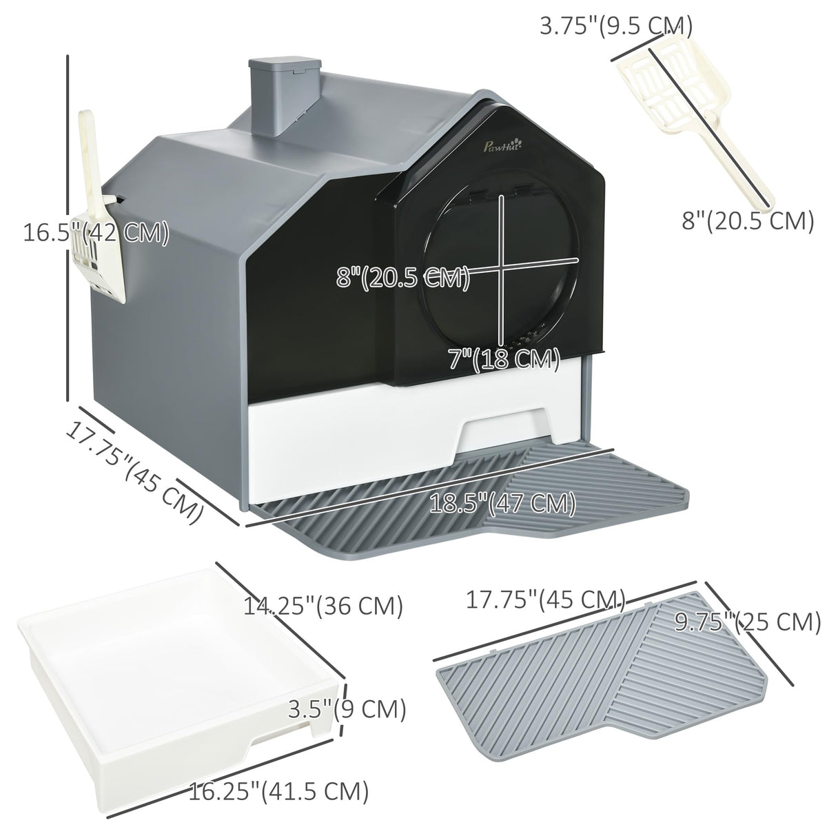 Hooded Cat Litter Box with Litter Mat, Pull-Out Drawer, Handle, Scoop, Gray Y390740