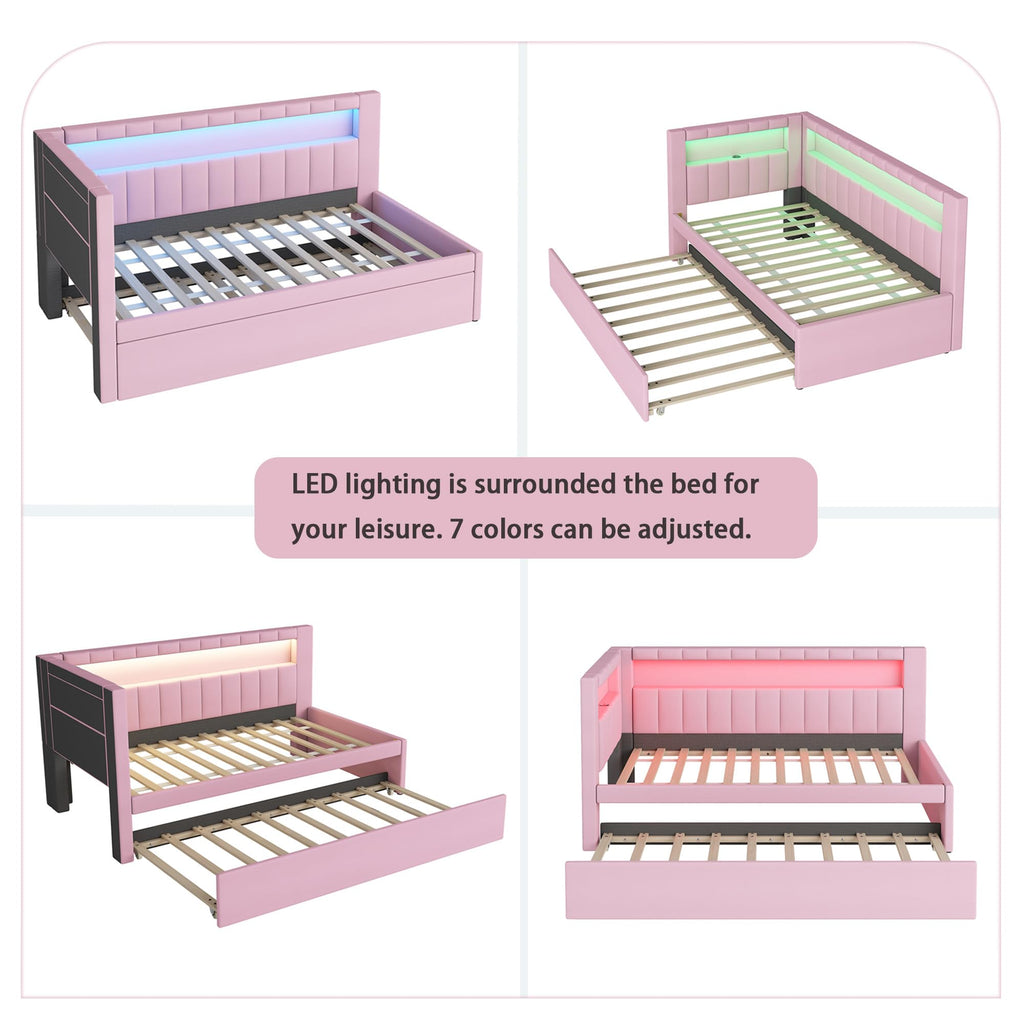 Twin Size Upholstered Platform Bed with Trundle and USB Ports, Pink X84327