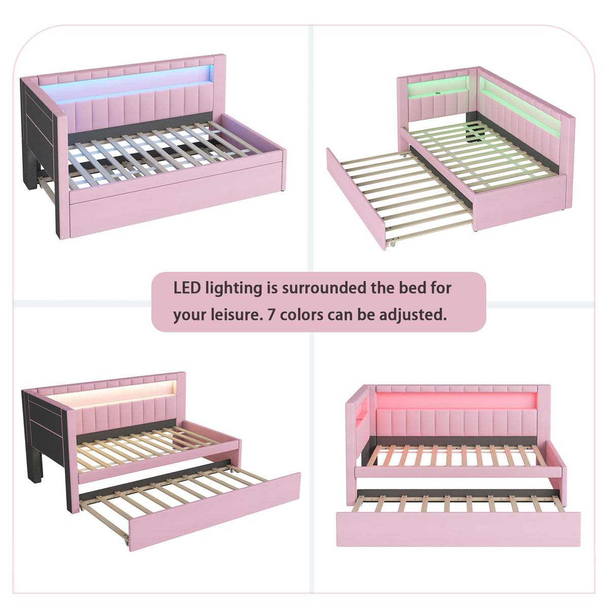Twin Size Upholstered Platform Bed with Trundle and USB Ports, Pink X84327