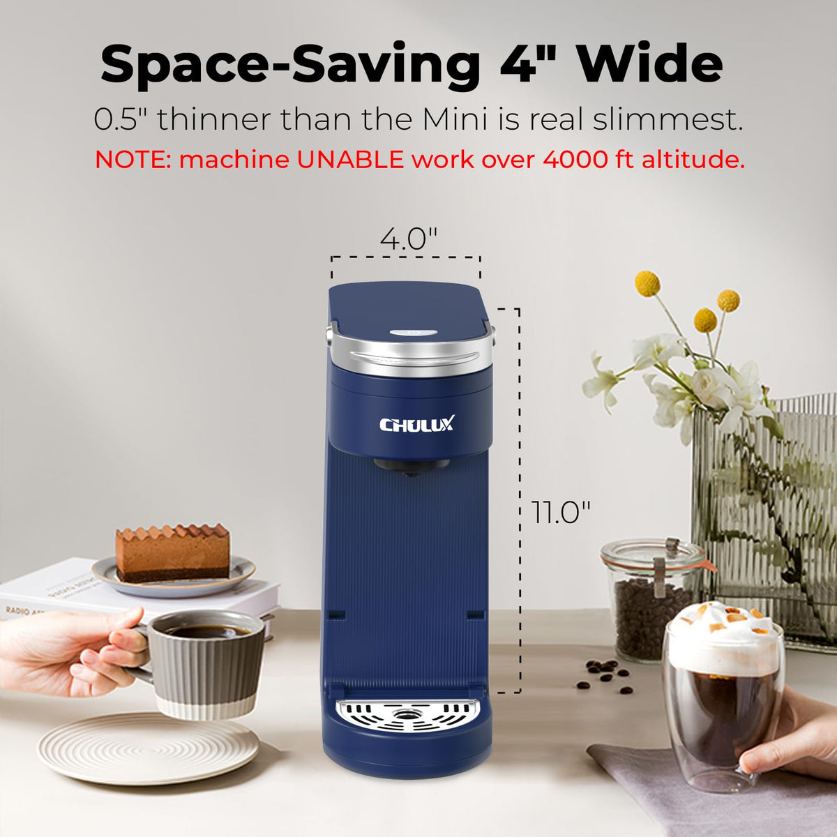 Slim Single Serve Coffee Maker with 6 to 12oz Brew Sizes, Navy Blue K116212