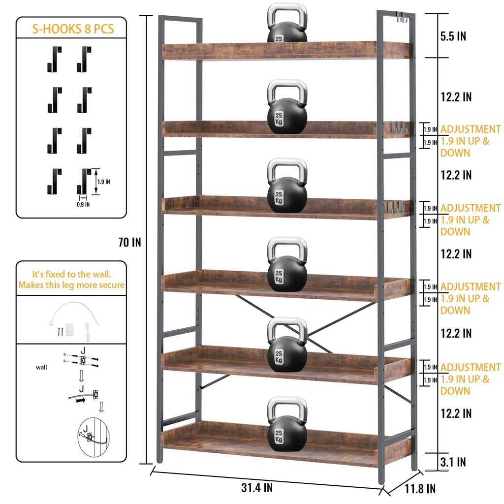 Adjustable 6-Tier Wood and Black Metal Bookshelf E63921