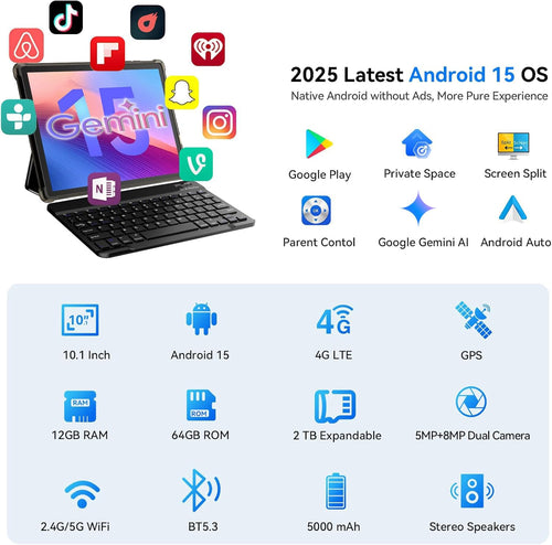 10 inch 2-in-1 Android 15 Tablet with Keyboard, Mouse, and Case, 4G LTE, 12GB RAM + 64GB ROM, Octa-Core, IPS Display, 5G Wi-Fi, GPS, Bluetooth L39653