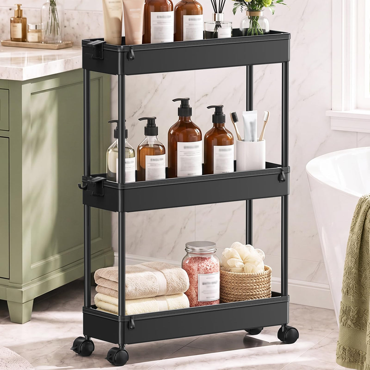 Black 3 Tier Slim Rolling Storage Cart B265426