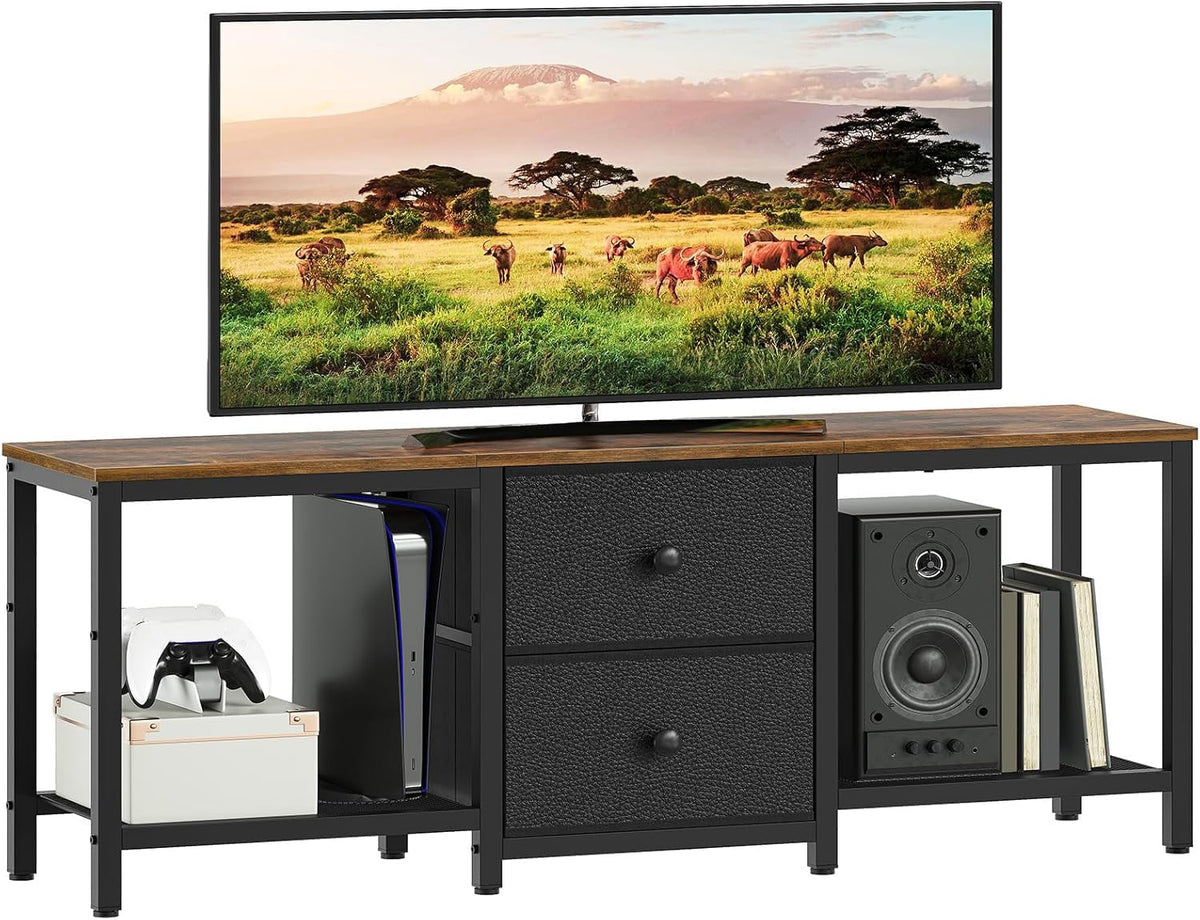 Rustic Brown and Black TV Stand with 2 Fabric Drawer F34754