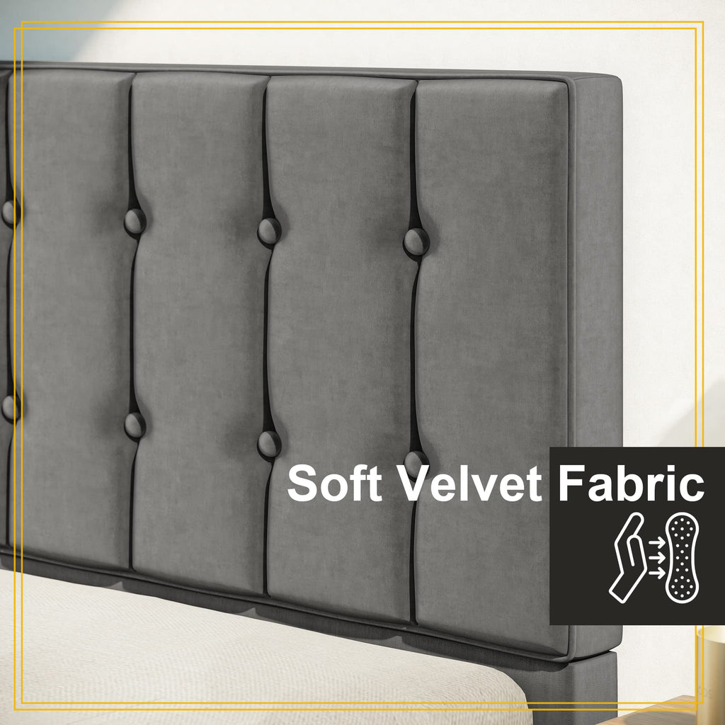 Grey Velvet Upholstered Twin Platform Bed Frame with Headboard A971