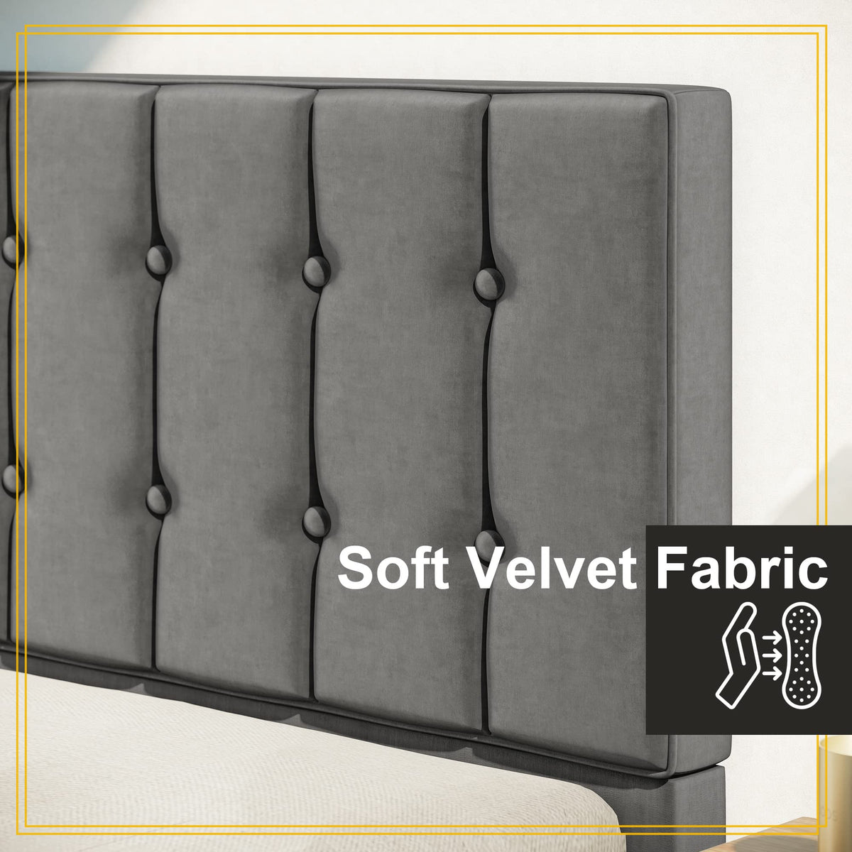 Grey Velvet Upholstered Twin Platform Bed Frame with Headboard A971