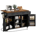 Black and Rustic Brown Kitchen Island with Power Outlets and Drop Leaf W984