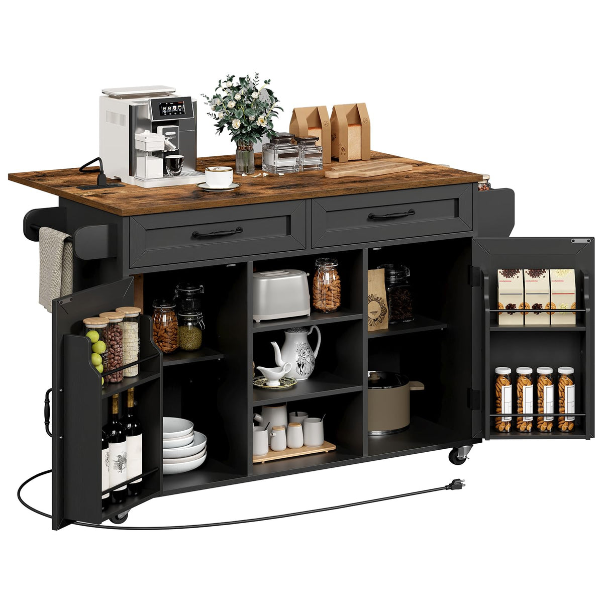 Black and Rustic Brown Kitchen Island with Power Outlets and Drop Leaf W984