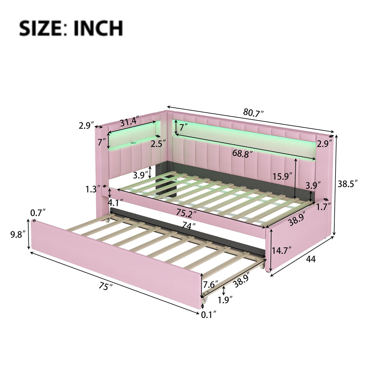Twin Size Upholstered Platform Bed with Trundle and USB Ports, Pink X84327