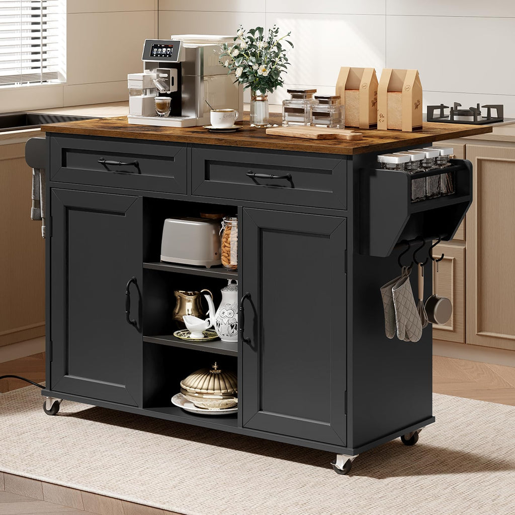 Black and Rustic Brown Kitchen Island with Power Outlets and Drop Leaf W984