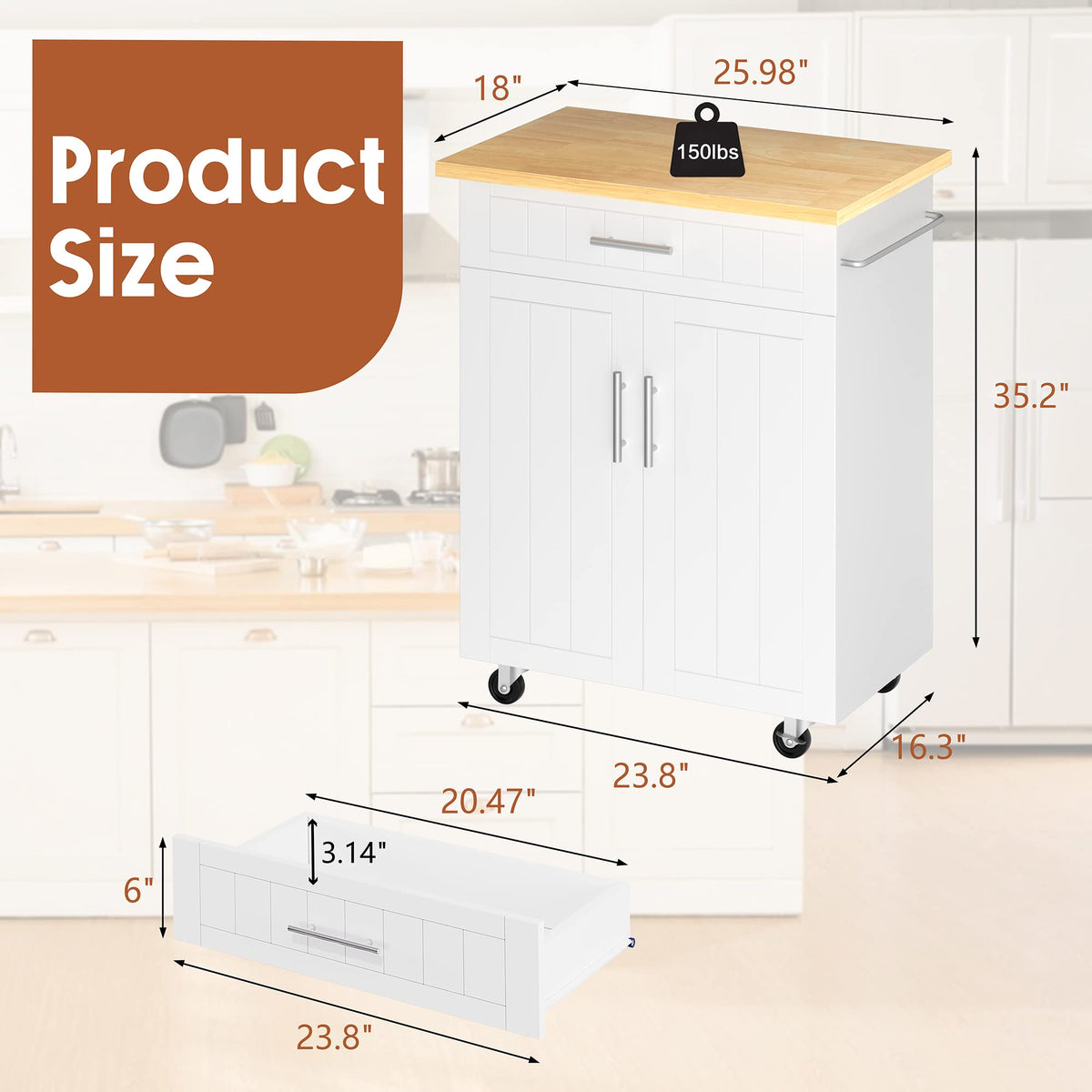 26" Rolling Kitchen Island Cart with Drawer, Shelves, Towel Rack, Lockable Casters, White I84109