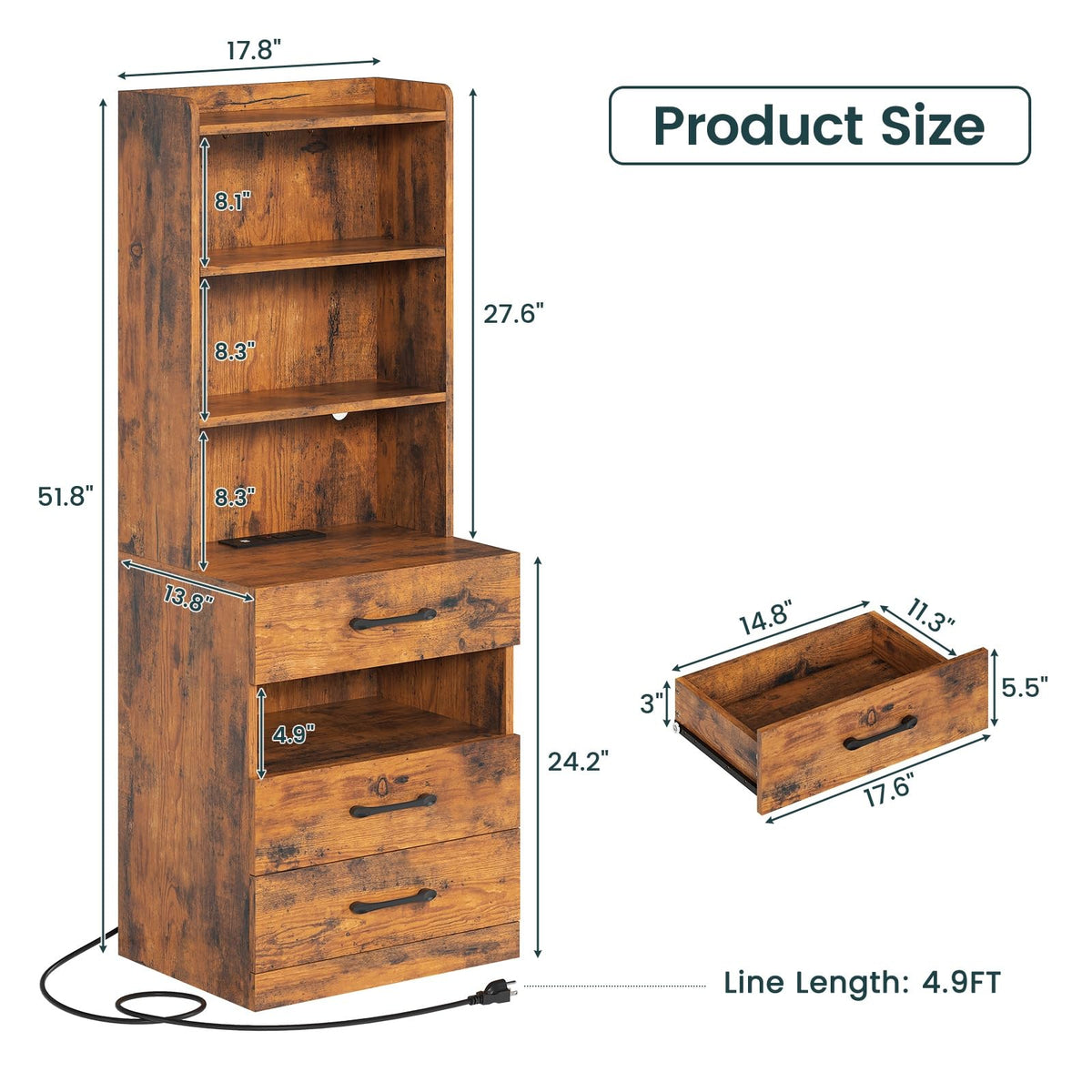 Tall Nightstand with Charging Station and LED Lights, 3 Drawers, Bookshelf Q9439