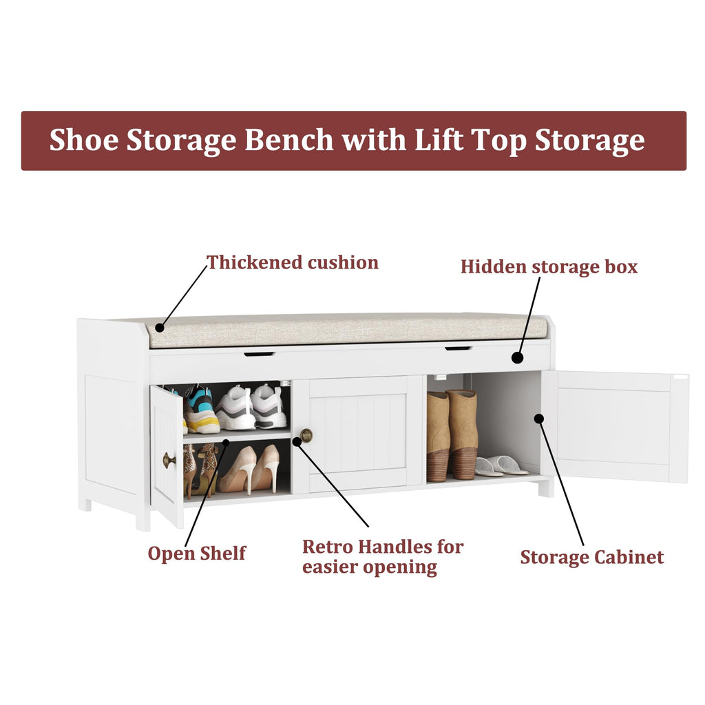 White Lift Top Storage Shoe Bench with Cushioned Seat H3296