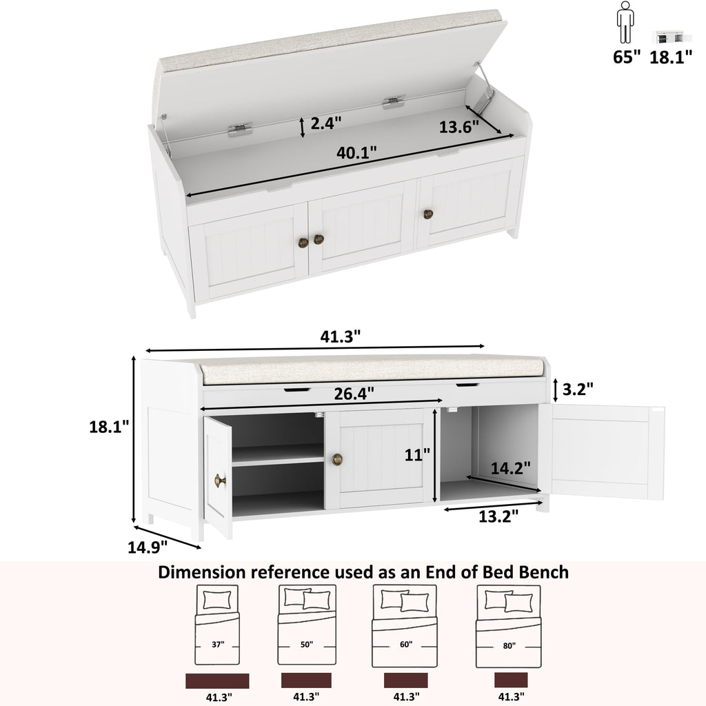 White Lift Top Storage Shoe Bench with Cushioned Seat H3296