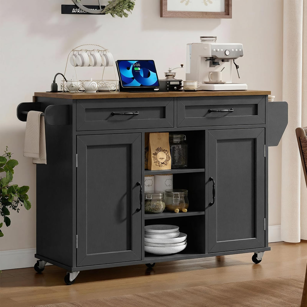 Black and Rustic Brown Kitchen Island with Power Outlets and Drop Leaf W984