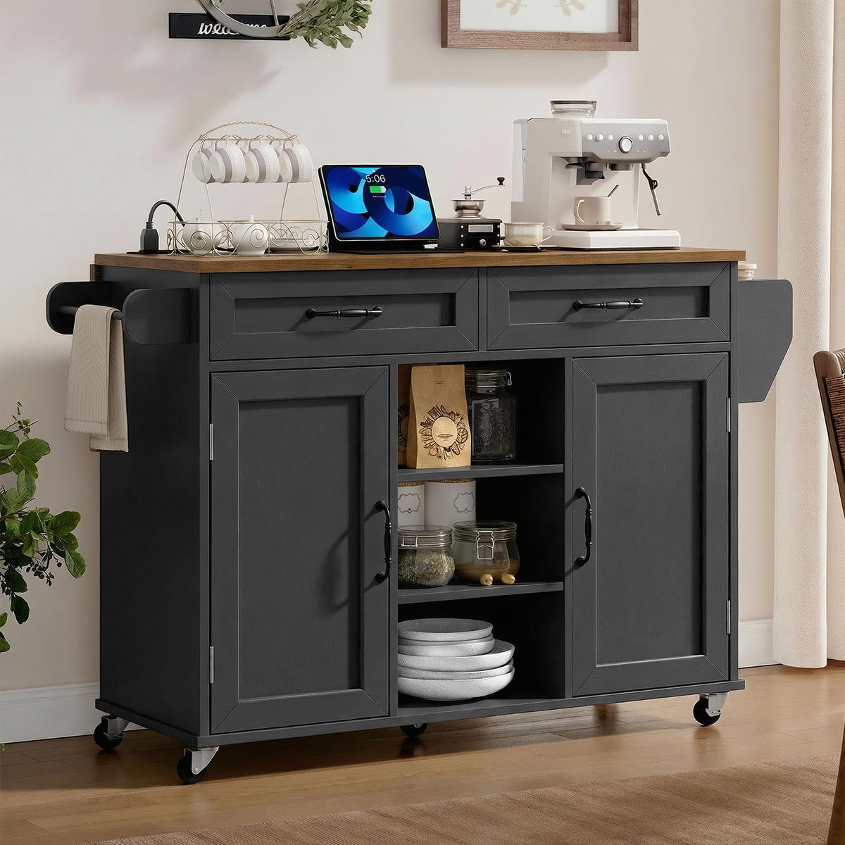 Black and Rustic Brown Kitchen Island with Power Outlets and Drop Leaf W984