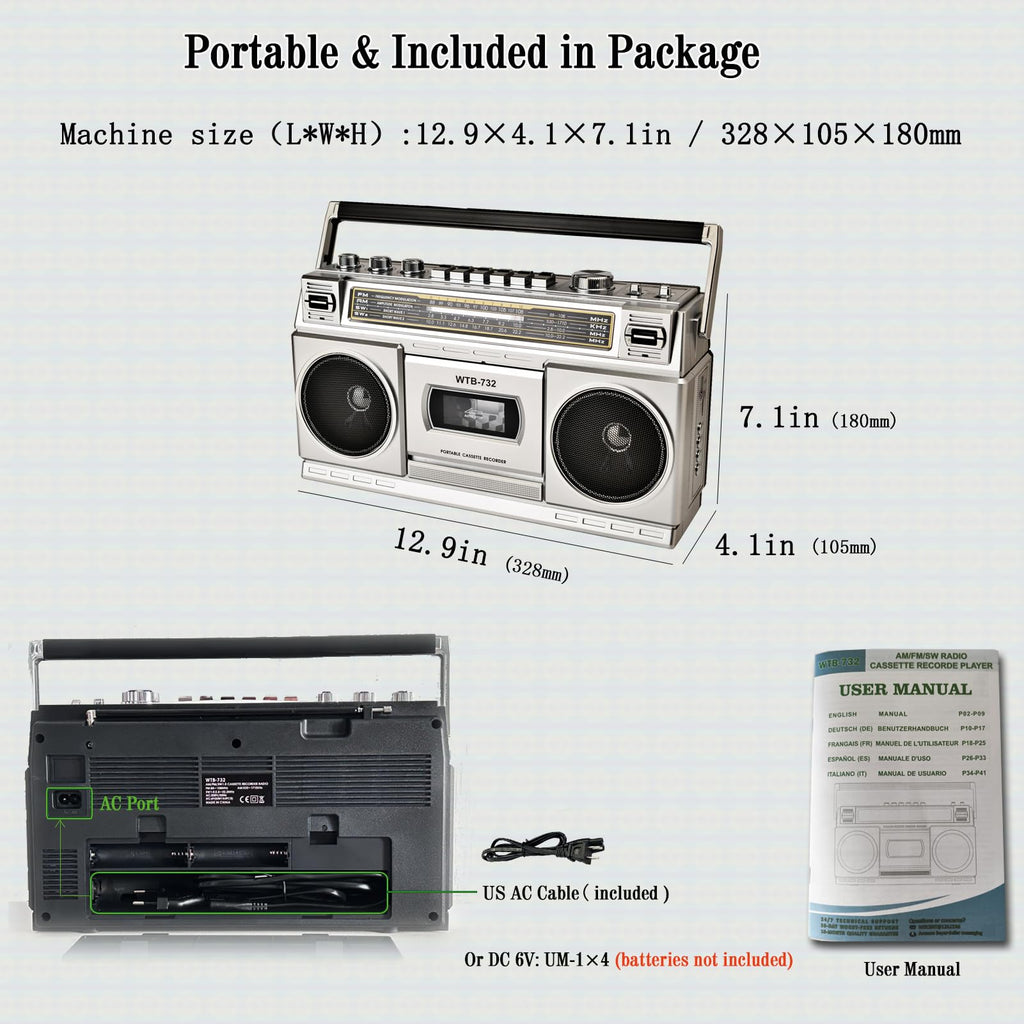 Portable Boombox with Cassette Player Recorder R575