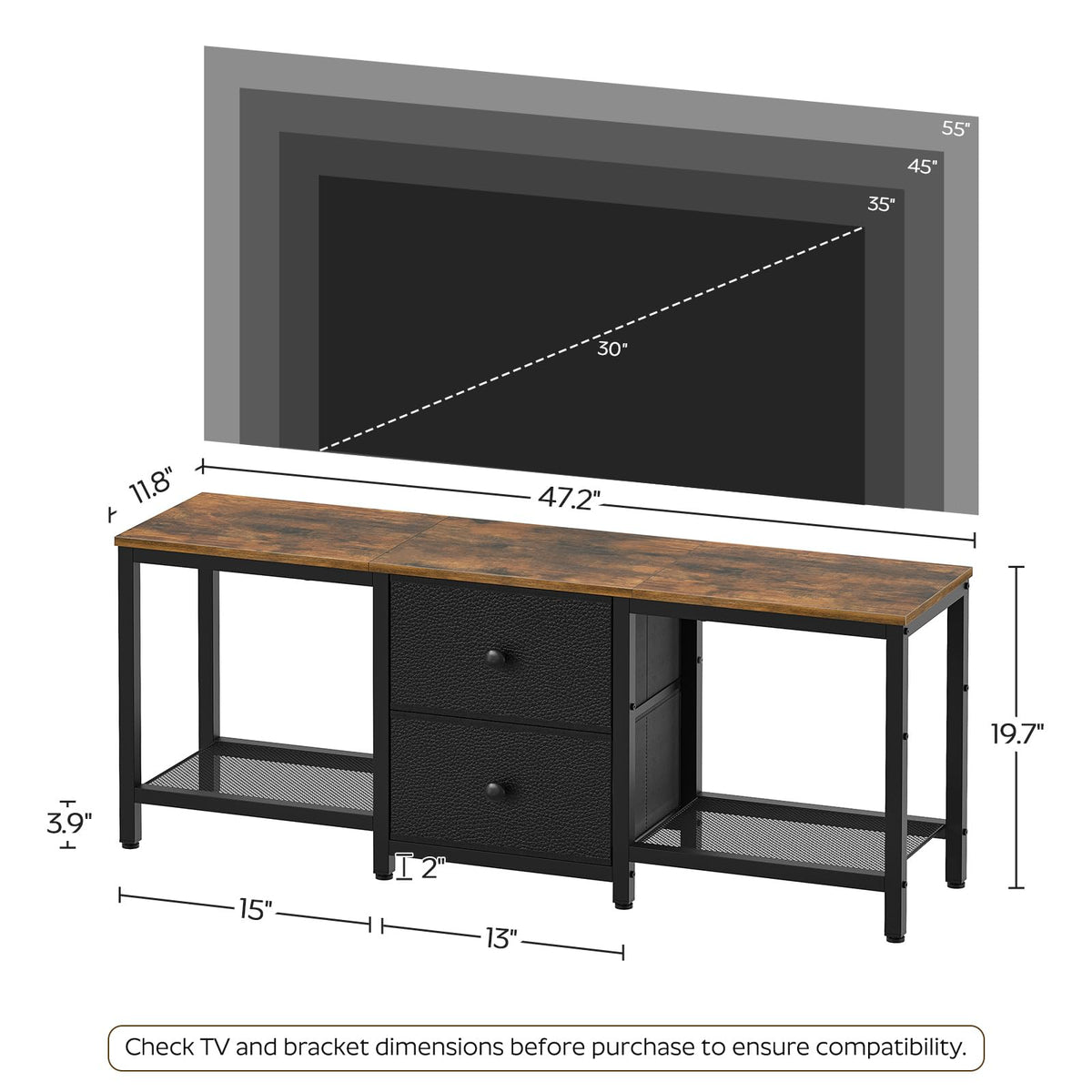 Rustic Brown and Black TV Stand with 2 Fabric Drawer F34754