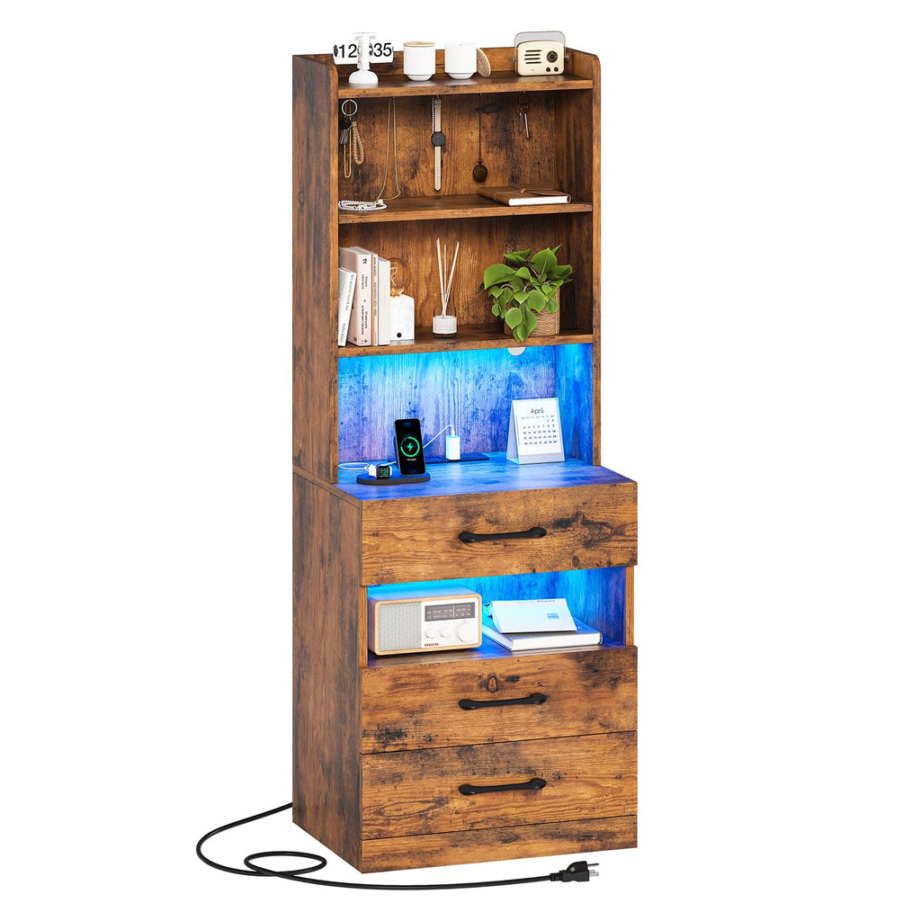 Tall Nightstand with Charging Station and LED Lights, 3 Drawers, Bookshelf Q9439