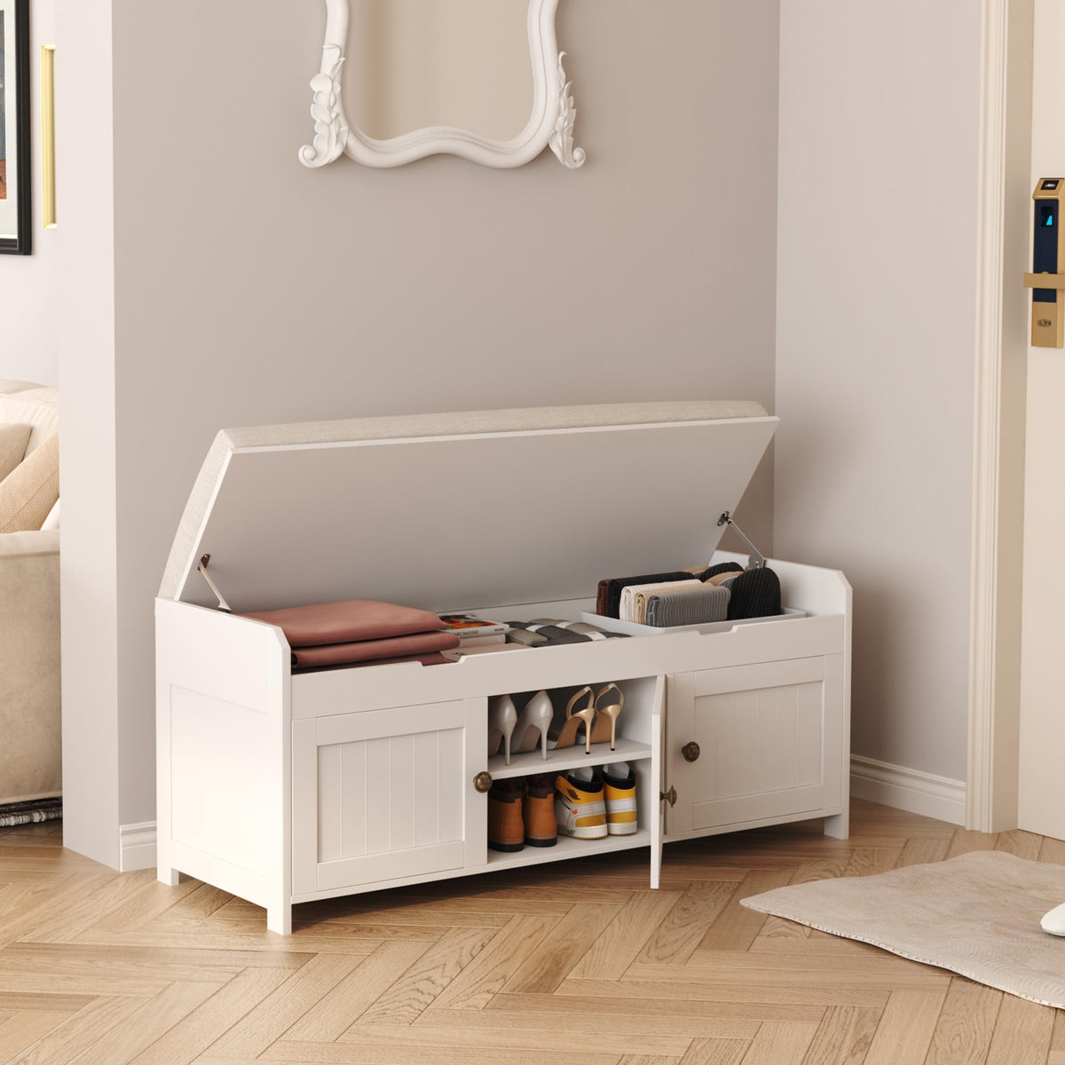 White Lift Top Storage Shoe Bench with Cushioned Seat H3296