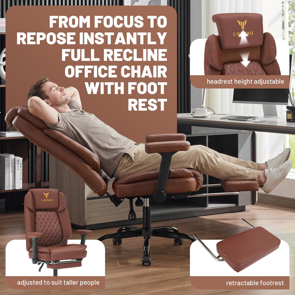 Big Tall Office Chair with Footrest Brown X71086