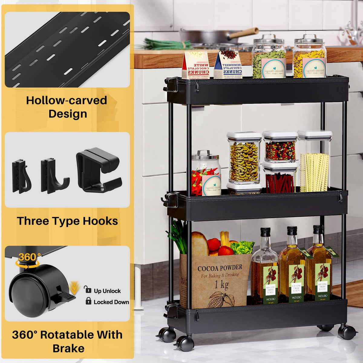 Black 3 Tier Slim Rolling Storage Cart B265426