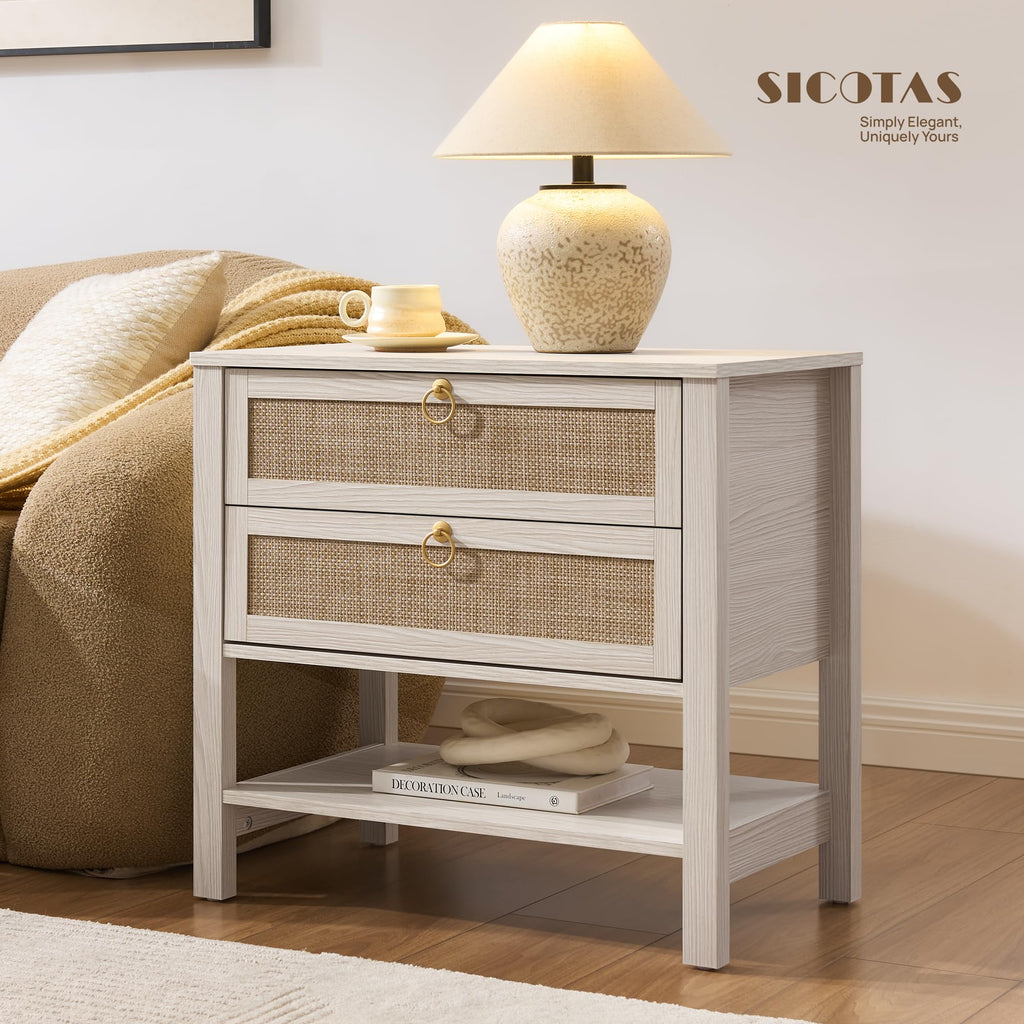 White Rattan Nightstand with 2 Drawers T25954