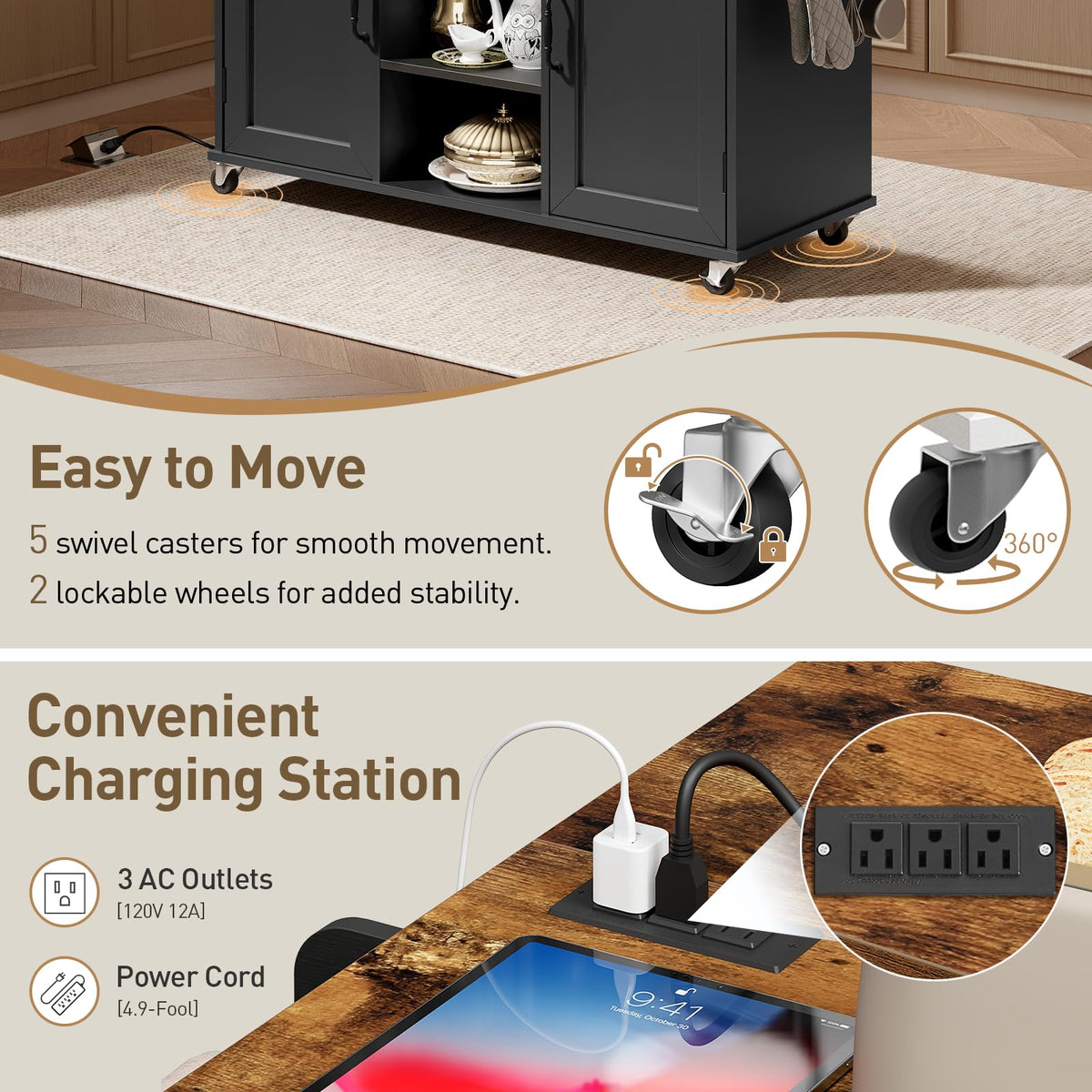 Black and Rustic Brown Kitchen Island with Power Outlets and Drop Leaf W984