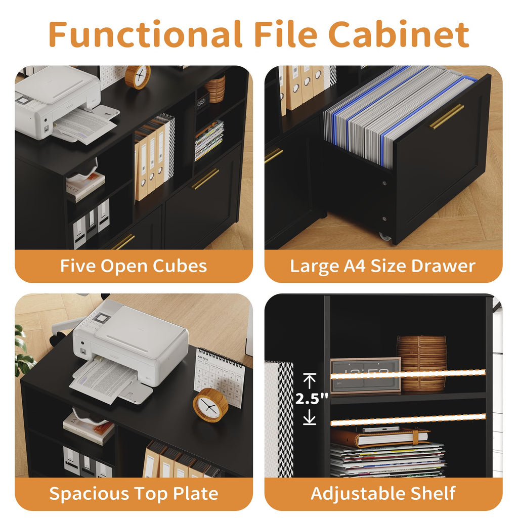 Black 2 Drawer Lateral File Cabinet with Open Storage Cubes T484380