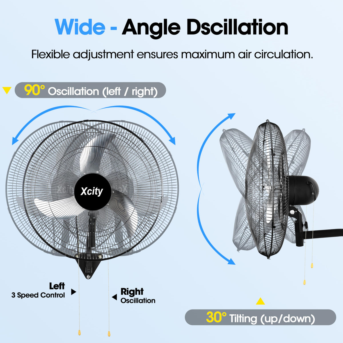 20 inch Industrial Wall Mounted Oscillating Fan, 3-Speed, 5500 CFM, Black K25118