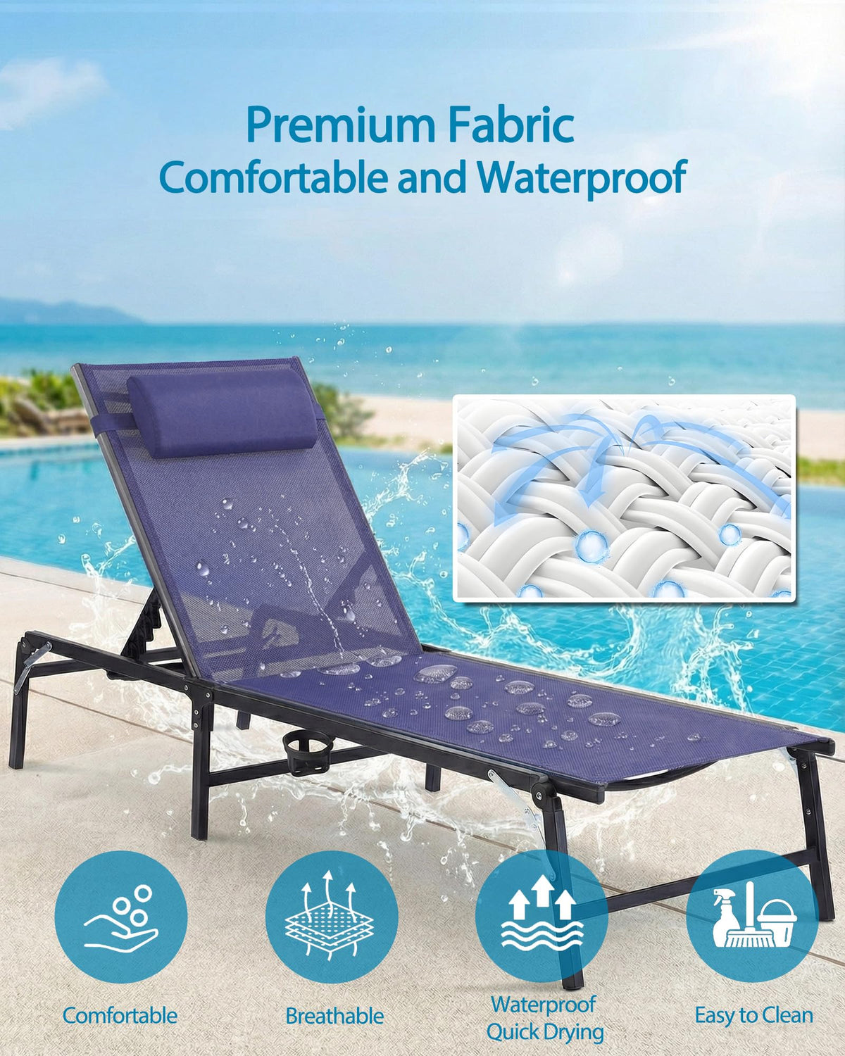 2 Pack Blue Foldable Chaise Lounge Chair with Cup Holder and Pillow G3405