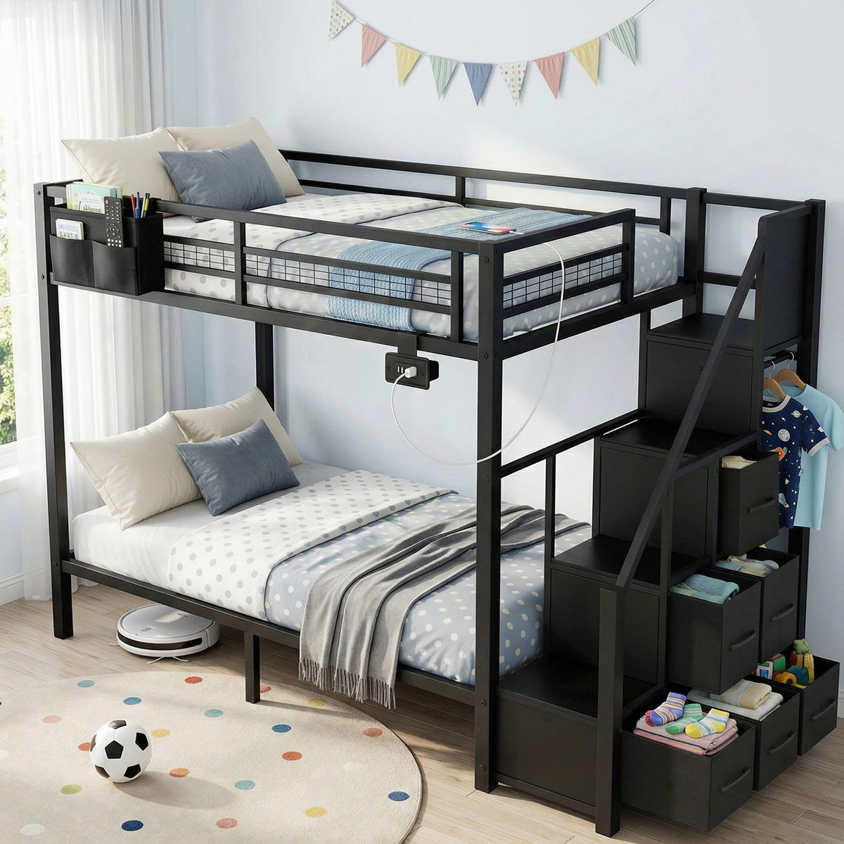 Black Metal Twin Over Twin Bunk Bed with Storage Stairs D39267