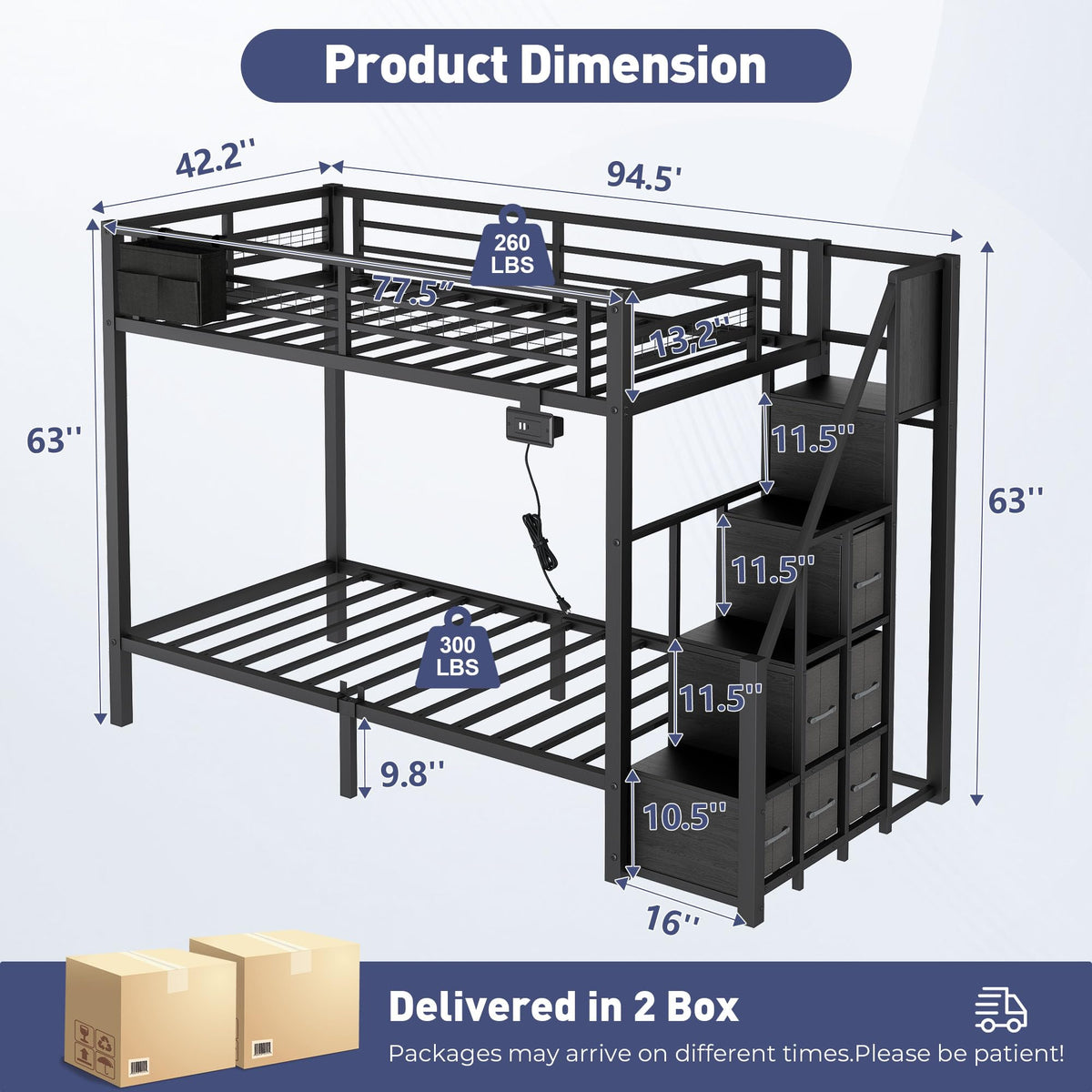 Black Metal Twin Over Twin Bunk Bed with Storage Stairs D39267