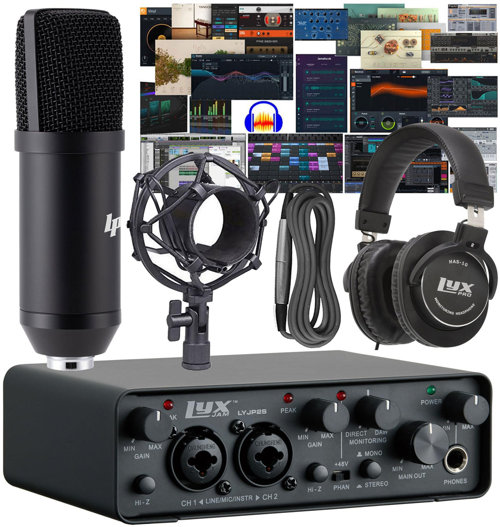 2x2 USB Audio Interface Recording Bundle with Condenser Mic, Headphones, Shockmount, XLR Cable N43028