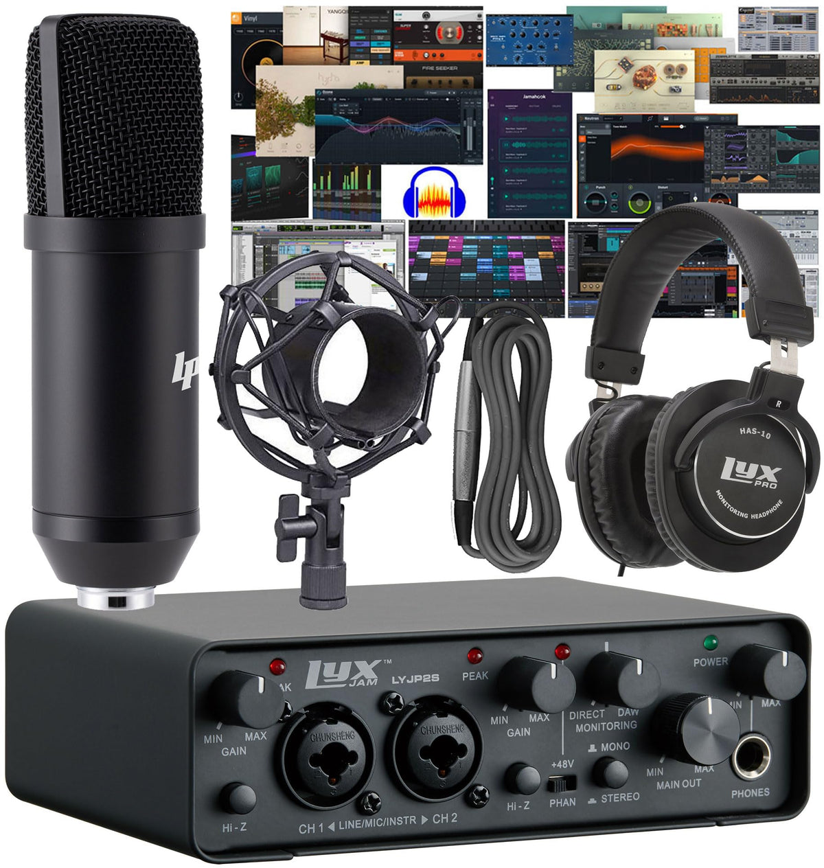 2x2 USB Audio Interface Recording Bundle with Condenser Mic, Headphones, Shockmount, XLR Cable N43028