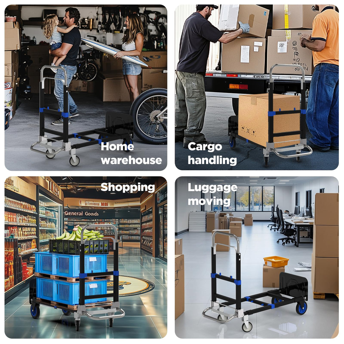 Black Convertible Hand Truck Dolly Cart with 4 Wheels, 500 Lbs Capacity C9328