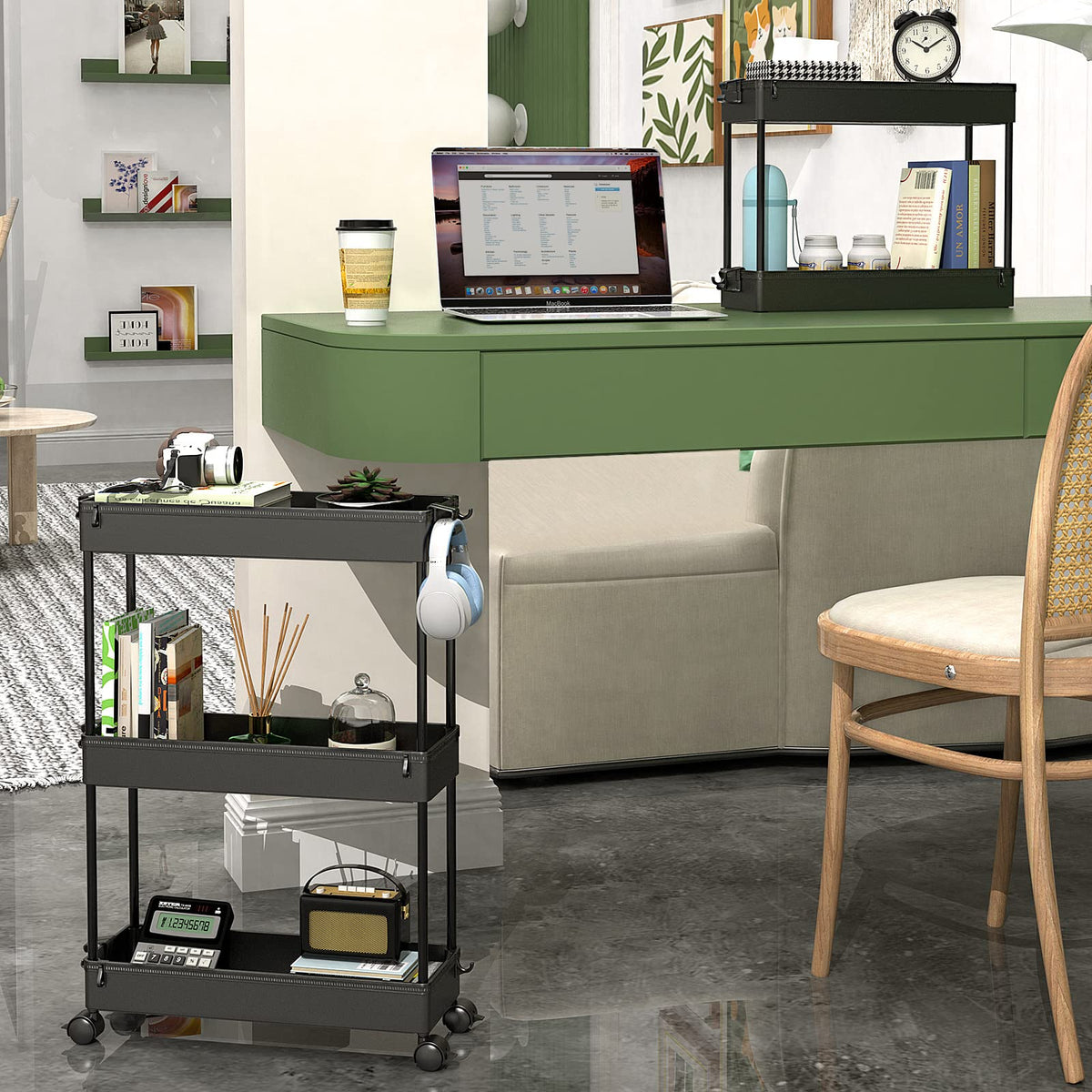 Black 3 Tier Slim Rolling Storage Cart B265426