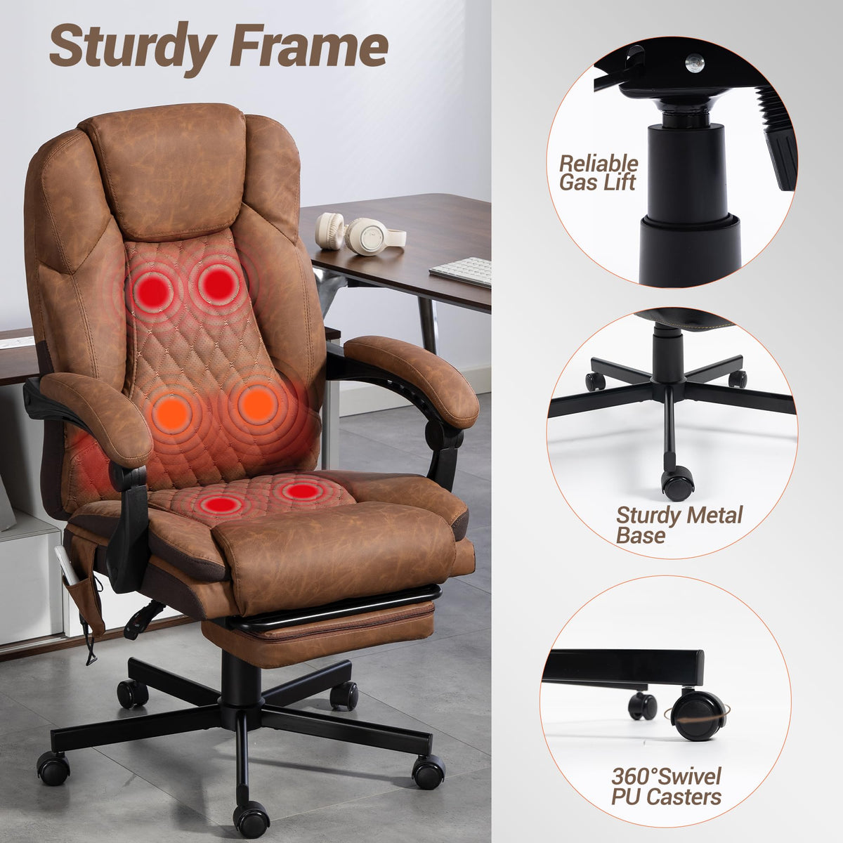 Brown Heated Massage Office Chair with Footrest U70624