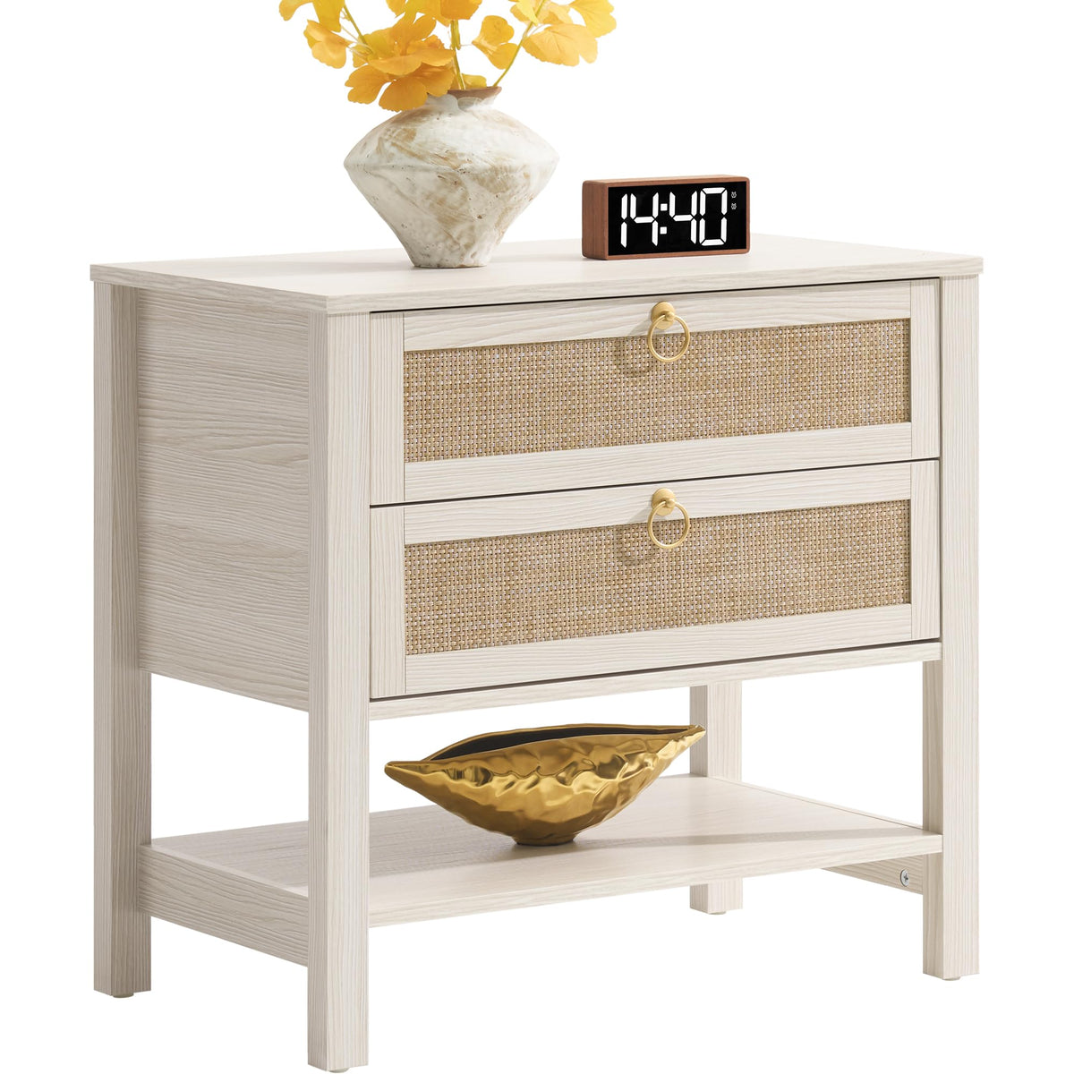 White Rattan Nightstand with 2 Drawers T25954