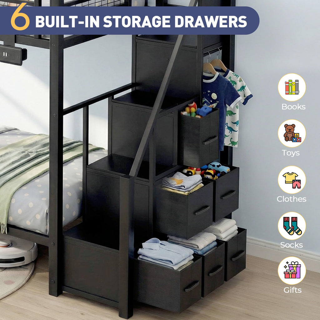 Black Metal Twin Over Twin Bunk Bed with Storage Stairs D39267